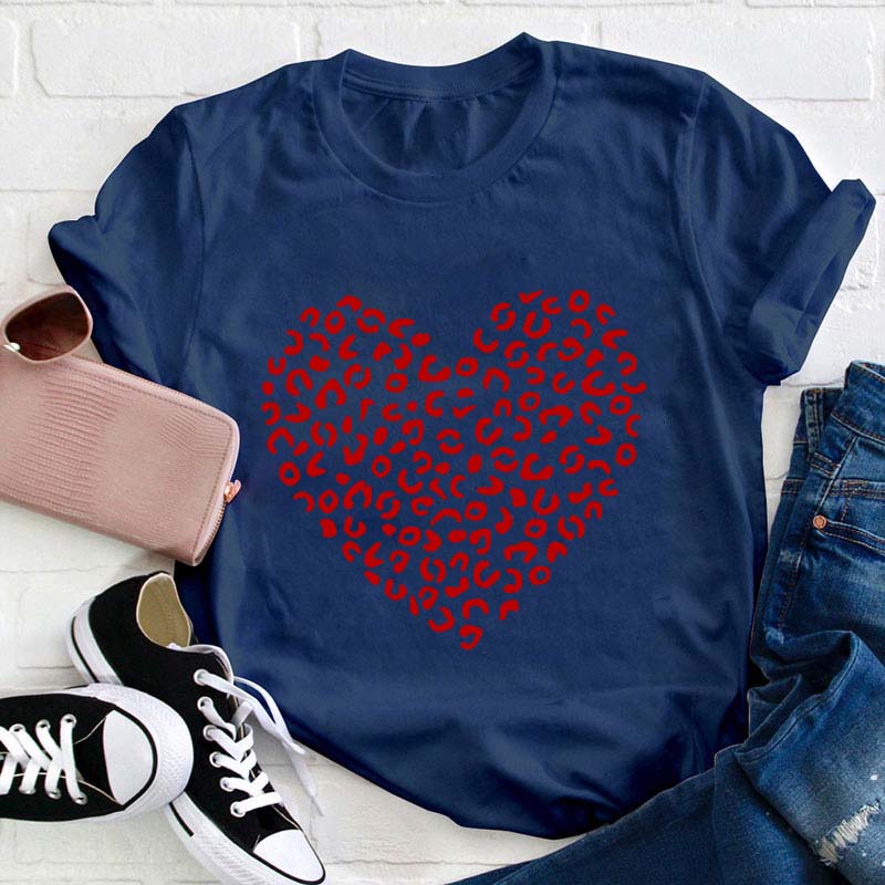 Red Leopard Heart Teacher T-Shirt