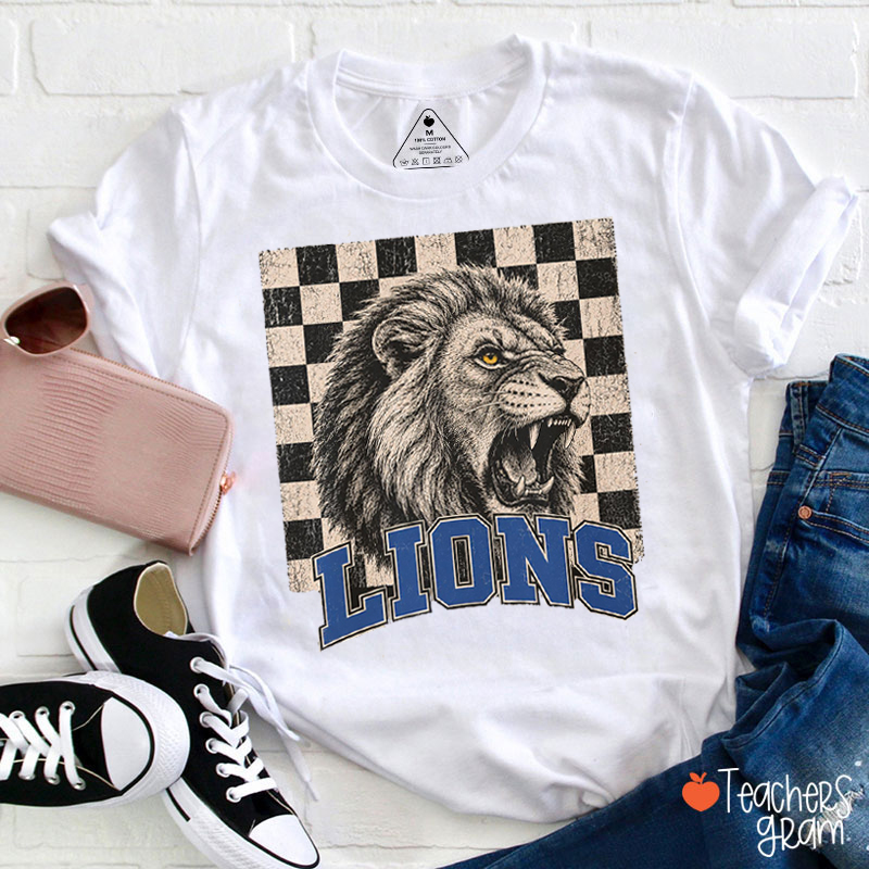 Personalized Mascot Name And Color Vintage Checkerboard Teacher T-Shirt