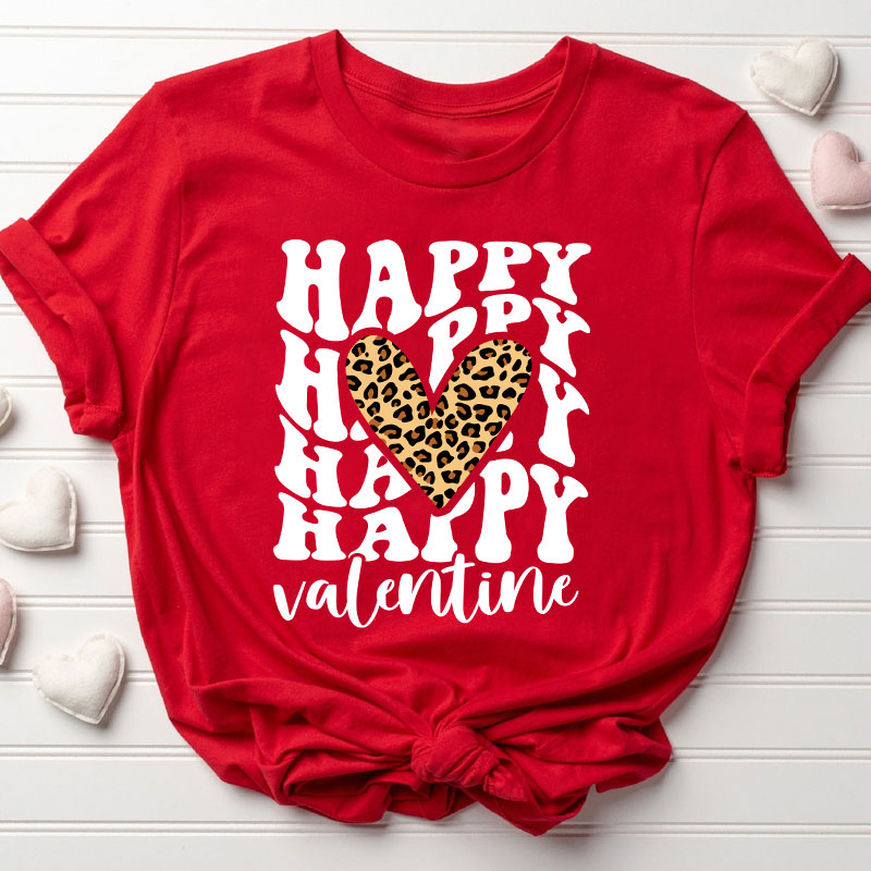 Happy Happy Valentine Leopard Heart Teacher T-Shirt