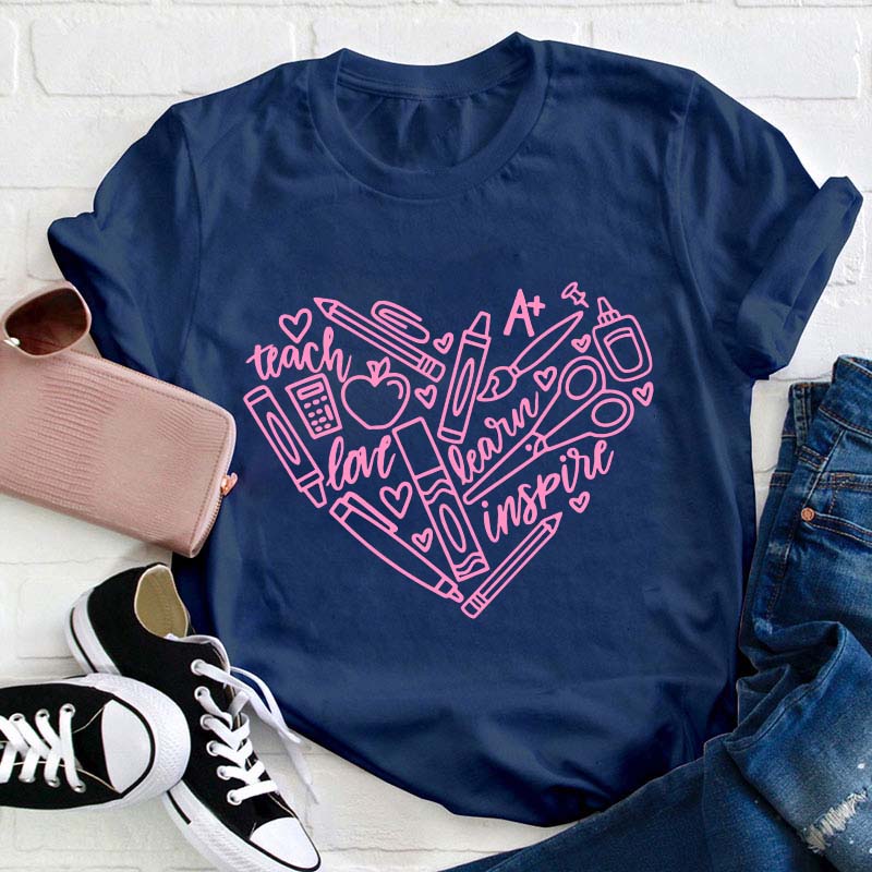 Teach Learn Inspire Heart Teacher T-Shirt