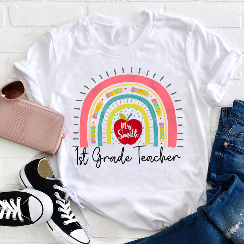 Personalized Pink Rainbow And Pencil Back To School Teacher T-Shirt