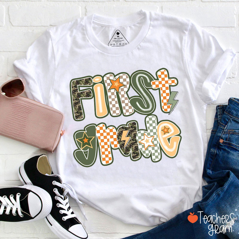 Personalized Grade Green Checkerboard Star Lightning Teacher T-Shirt