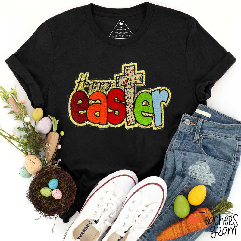 Happy Easter Leopard Teacher Patch T-Shirt