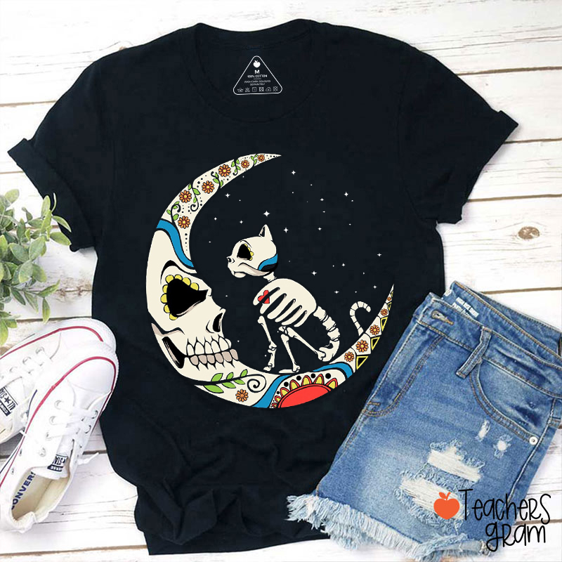 Halloween Sugar Skull Skeleton Moon Cat Teacher T-Shirt