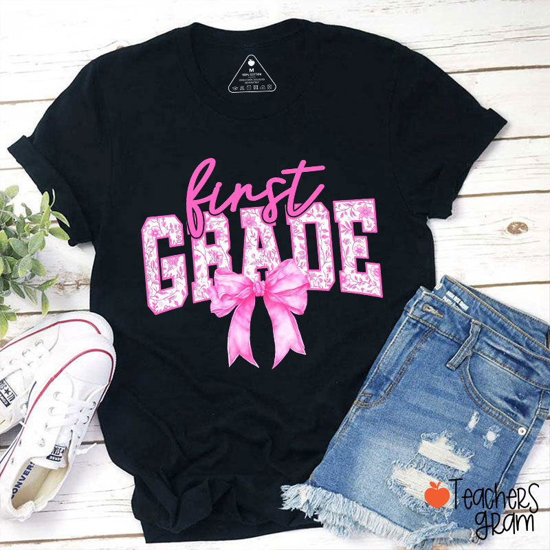 Personalized Grade And Bow Pink Font Teacher T-Shirt