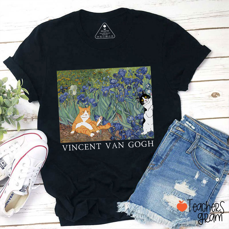 Van Gogh Irises With Cats Teacher T-Shirt