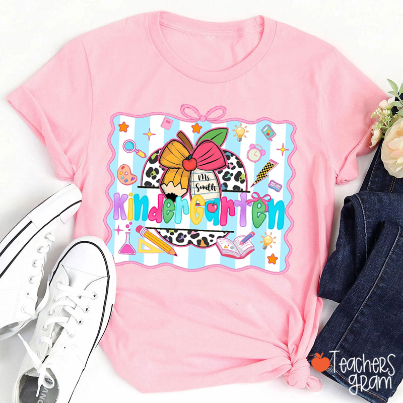 Personalized Grade Bow Striped Leopard Apple Teacher T-Shirt