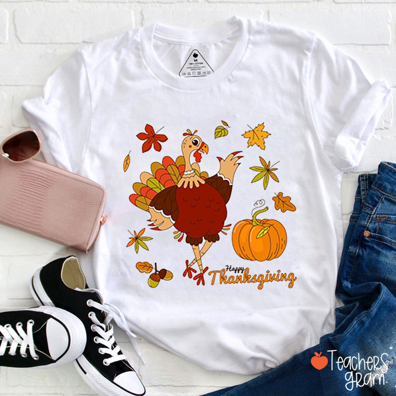 Happy Thanksgiving Turkey Pumpkin Teacher T-Shirt