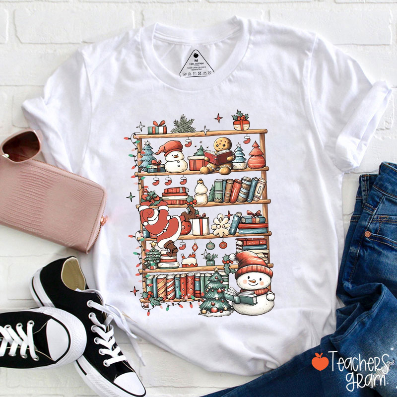 Reading Bookshelf Merry Christmas Teacher T-Shirt