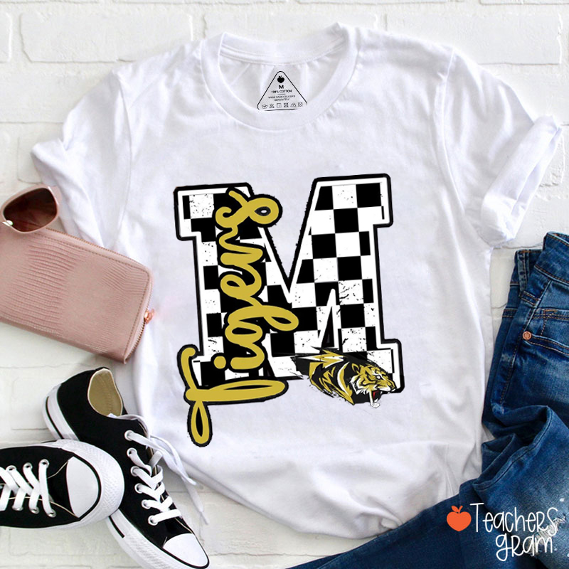 Personalized Mascot Initials Checkered School Spirit Teacher T-Shirt