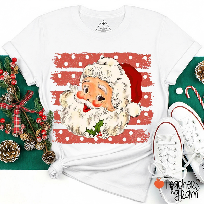 Vintage Santa Claus With Polka Dot Stripes Teacher T-Shirt