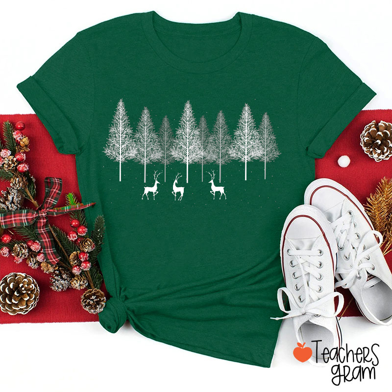 Winter Forest With Reindeers Teacher T-Shirt