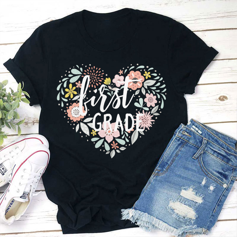 Personalized Floral Heart First Day Teacher T-Shirt