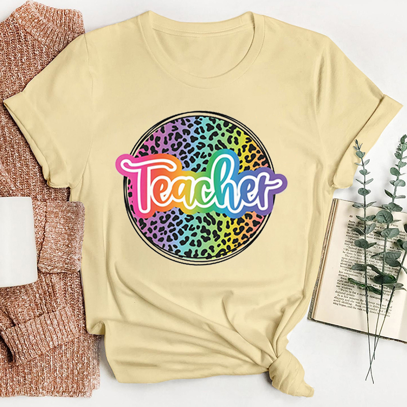 Personalized Text Gradient Leopard Print Teacher T-Shirt
