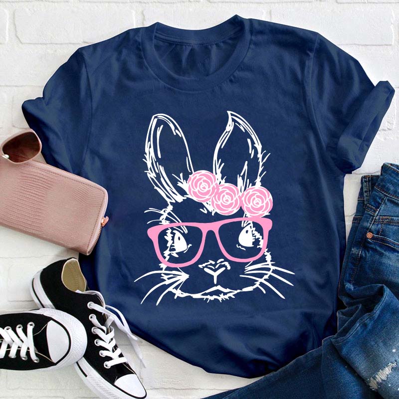 Bunny With Pink Glasses Teacher T-Shirt