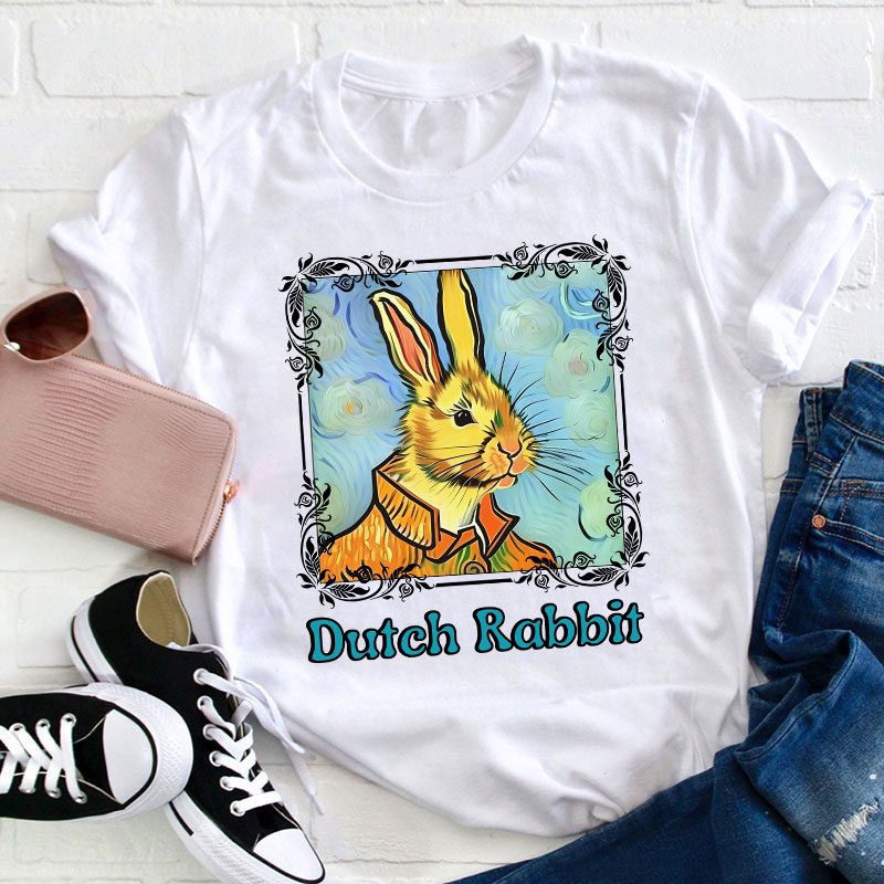 Easter Bunny Portrait In Oil Painting Style Teacher T-Shirt
