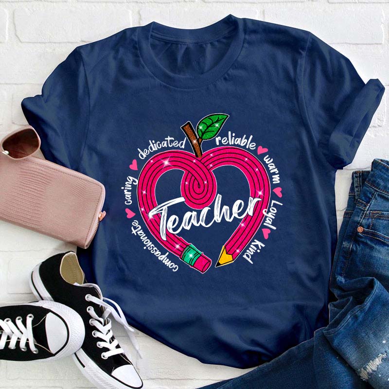 Glitter Apple Pencil Heart Teacher T-Shirt