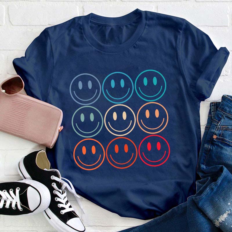 Happy Colorful Face Graphic Teacher T-Shirt