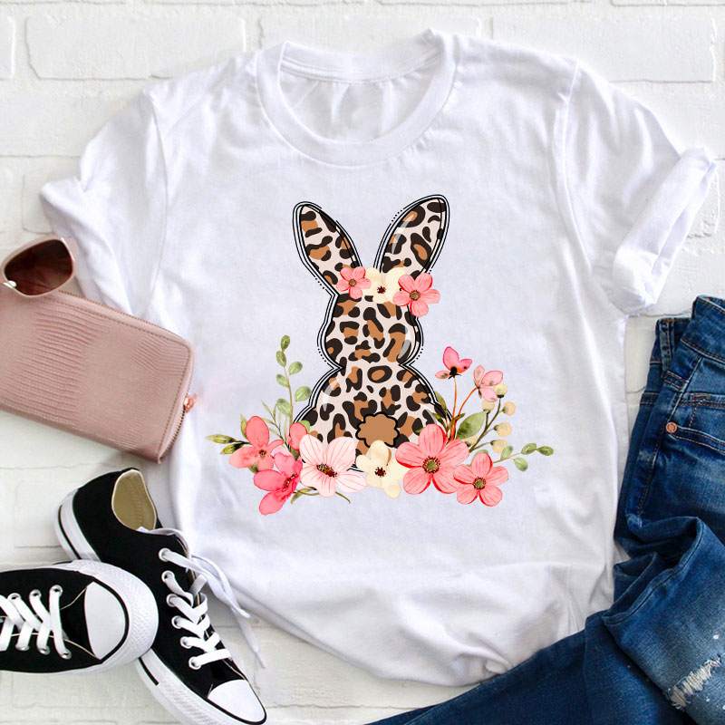 Leopard Floral Bunny Teacher T-Shirt