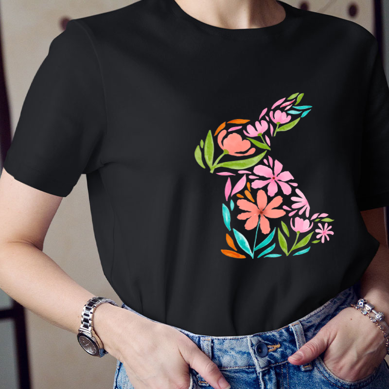 Pink Flower Spring Bunny Teacher T-Shirt