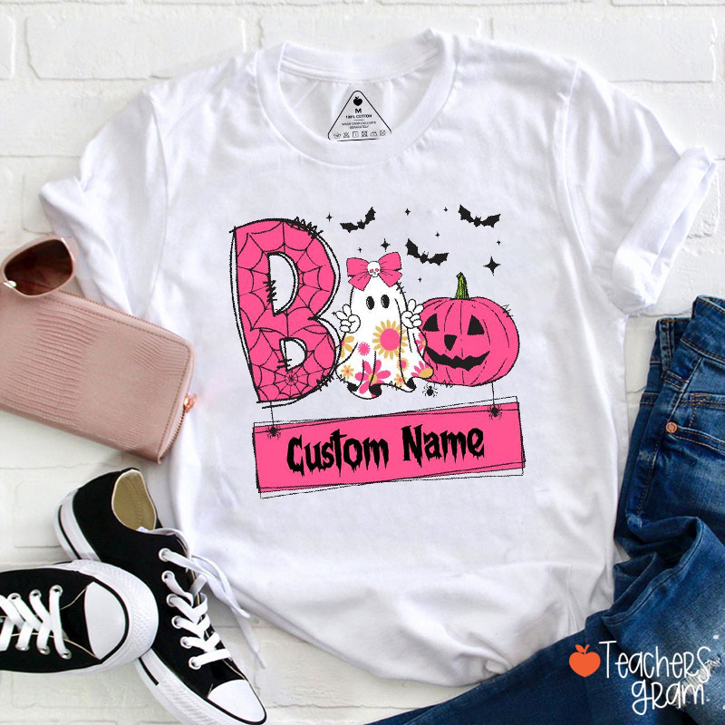 Personalized Name Boo Cute Ghost Halloween Teacher T-Shirt
