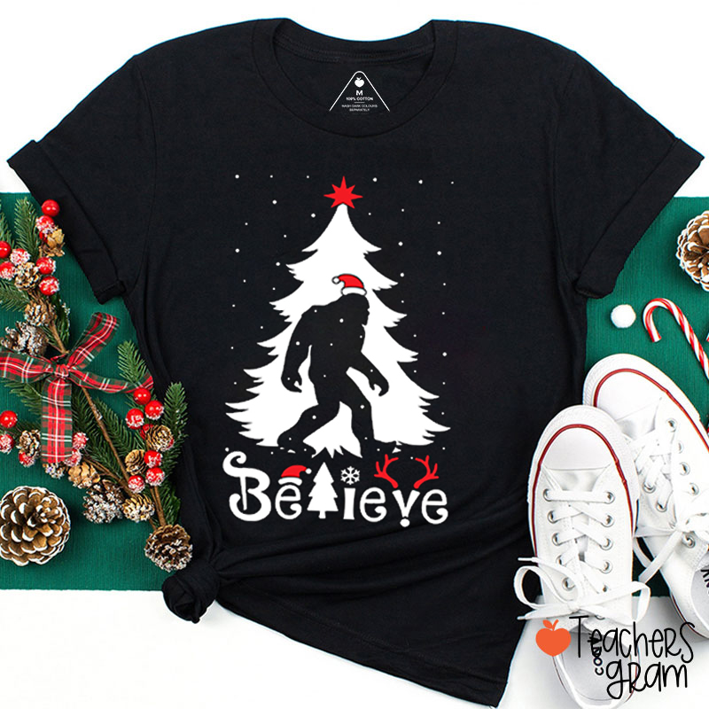Believe Bigfoot Christmas Teacher T-Shirt