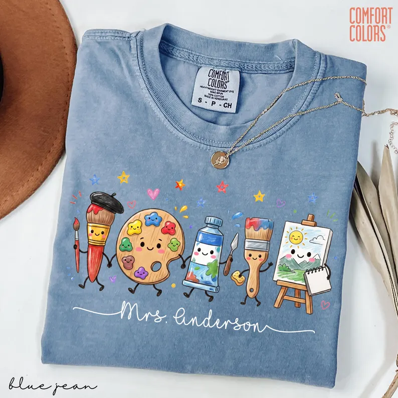 Personalized Name Cartoon Art Supplies Art Teacher Graphic Teacher T-Shirt