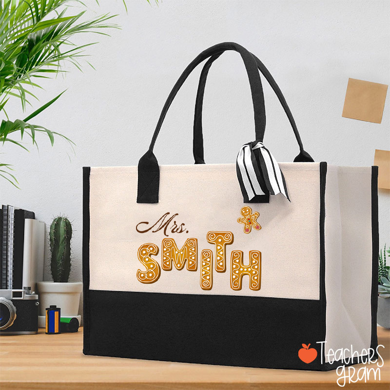 Personalized Name Gingerbread Teacher Cotton Tote Bag