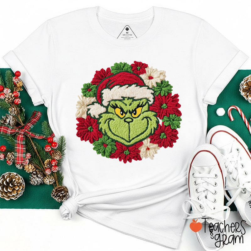 Faux Knitting Mean Guy Christmas Wreath Teacher T-Shirt