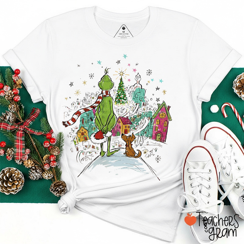 Retro Christmas Green Guy Teacher T-Shirt