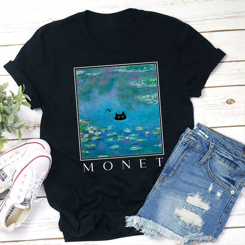 Monet Waterlily Cat Teacher T-Shirt