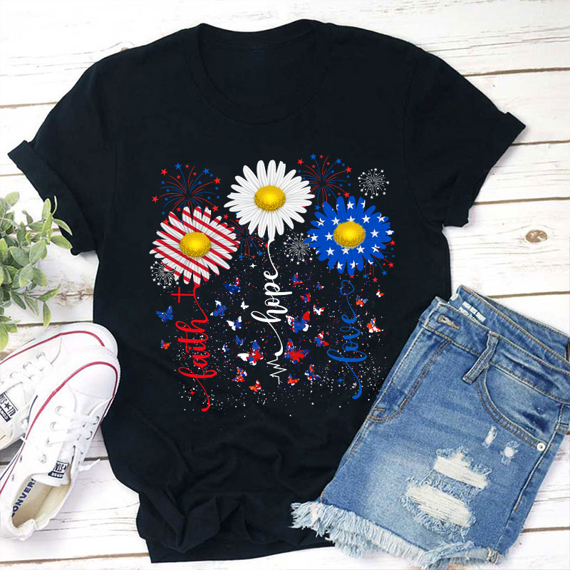 Faith Hope Love Flag Sunflower Teacher T-Shirt