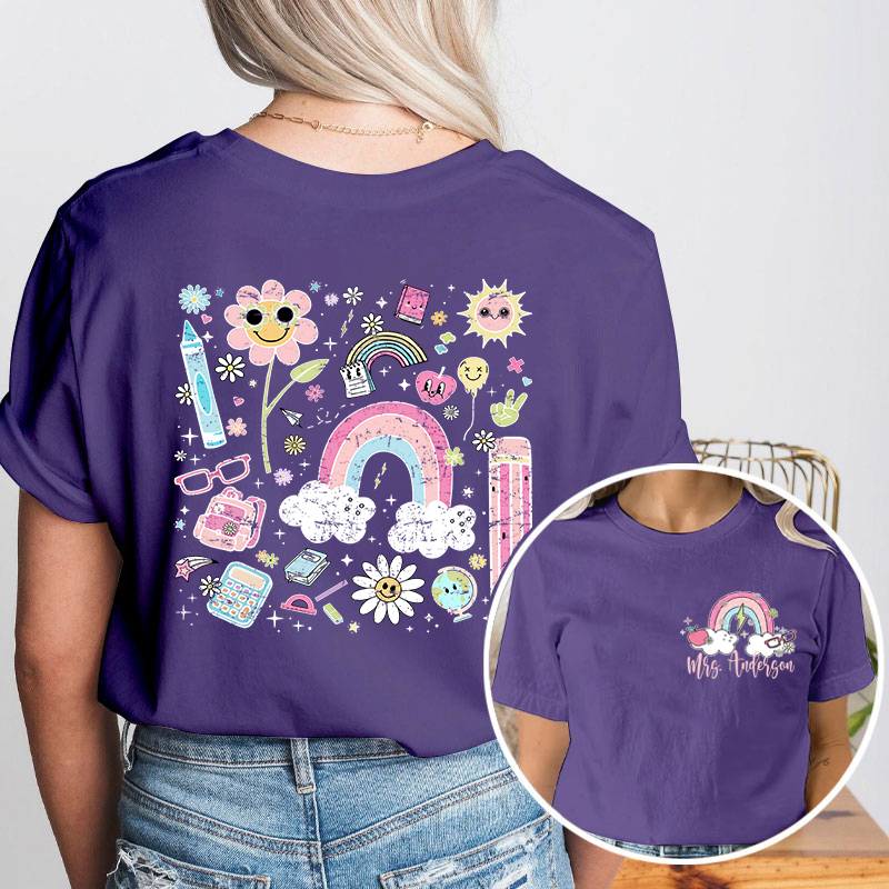 Personalized Pink Rainbow Cute Icon Teacher Two Sided T-Shirt