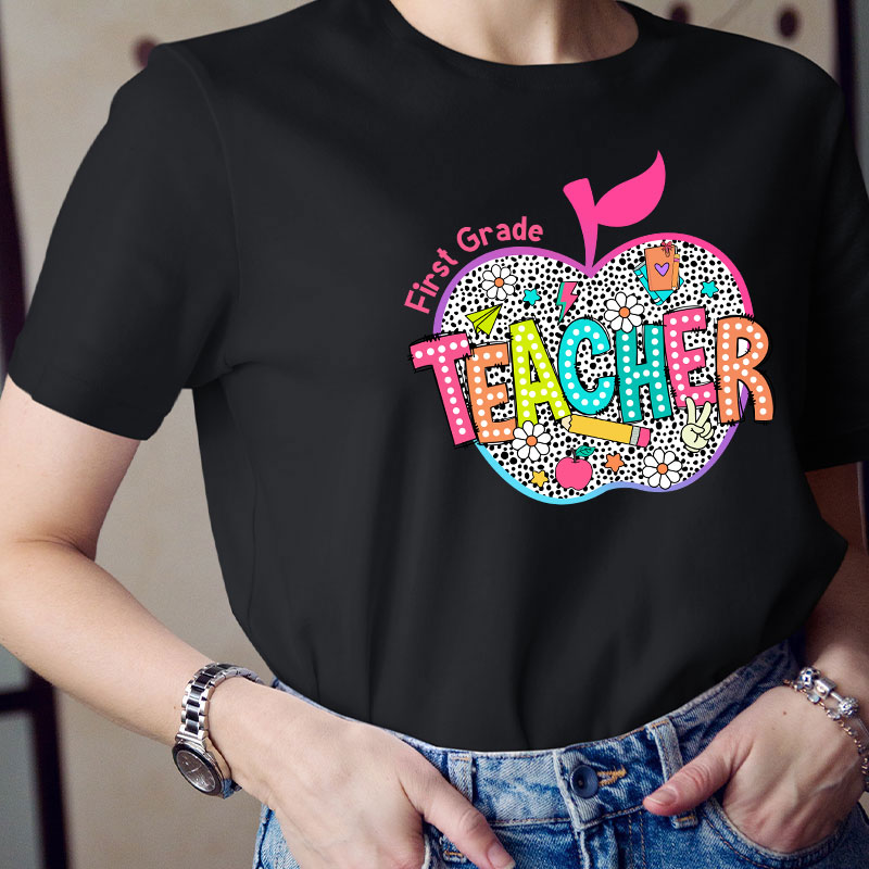 Personalized Neon Leopard Apple Grade Teacher T-Shirt
