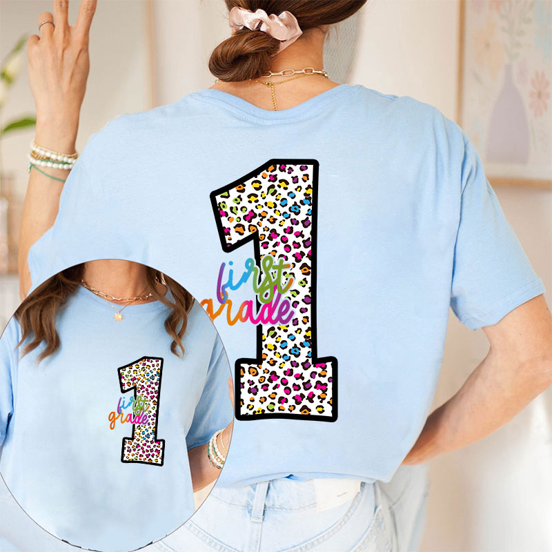 Personalized Colorful Leopard Letter Is For Teacher Two Sided T-Shirt