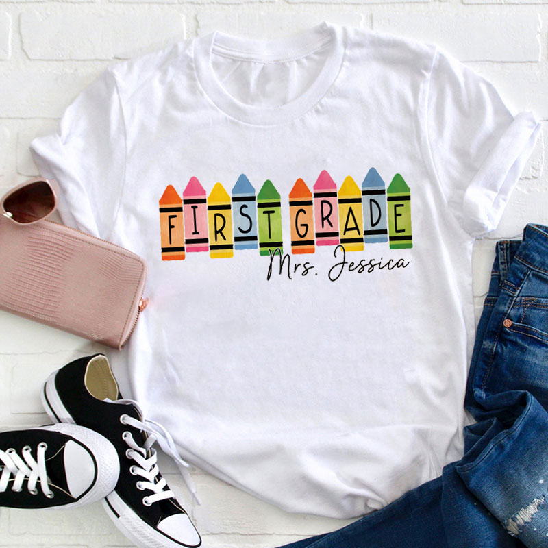 Personalized Colorful Crayons Grade And Name Teacher T-Shirt