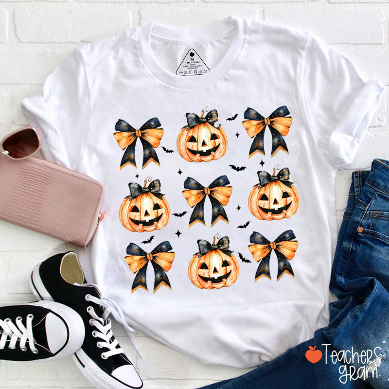 Fall Vibes Pumpkin Bowknot Spooky Teacher T-Shirt