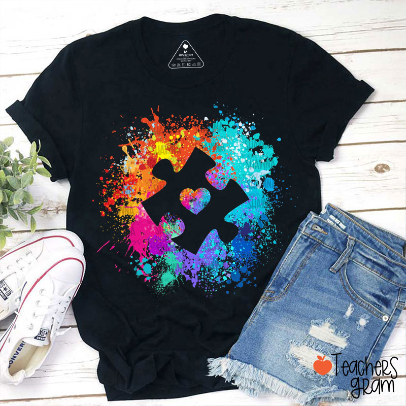 Autism Puzzle Splatter Teacher T-Shirt