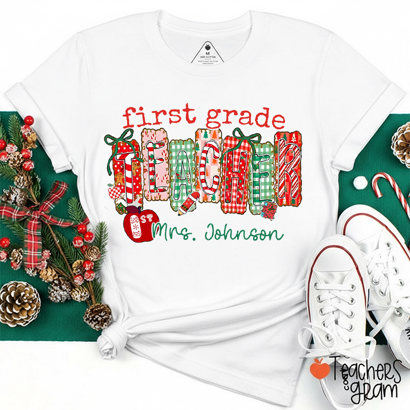 Personalized Grade And Name Christmas Vibes Teacher T-Shirt