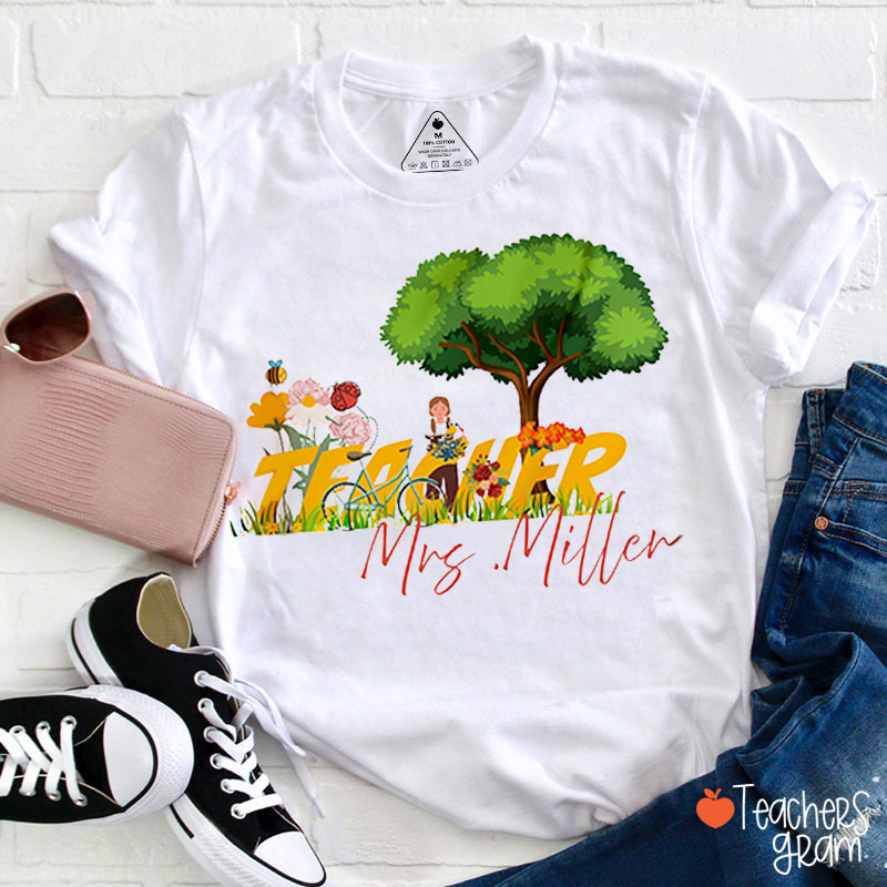 Personalized Name Trees Flowers And Grass Teacher T-Shirt