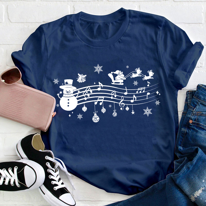 Santa Sleigh Snowman Music Teacher T-Shirt