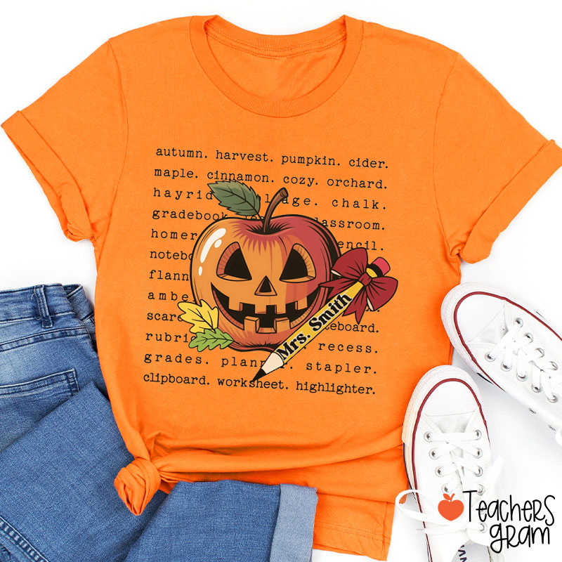 Personalized Name Pumpkin Apple Autumn Teacher T-Shirt