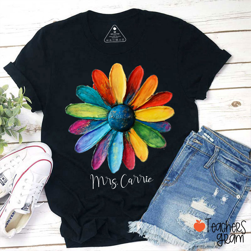 Personalized Name Painted Daisy Teacher T-Shirt