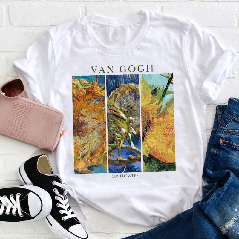 Vintage Aesthetic Sunflowers Painting Teacher T-Shirt
