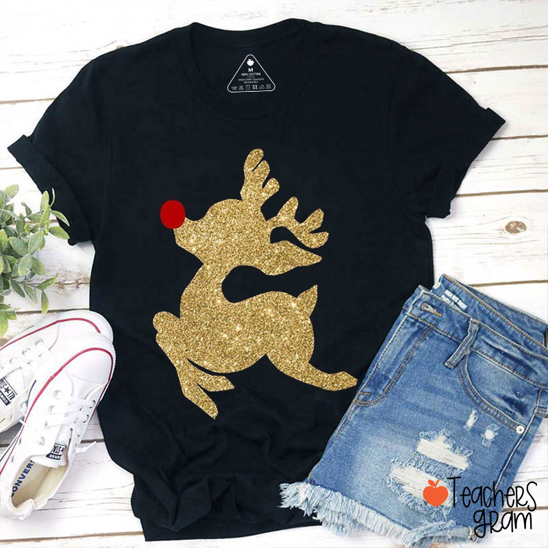 Glitter Reindeer Merry Christmas Teacher T-Shirt