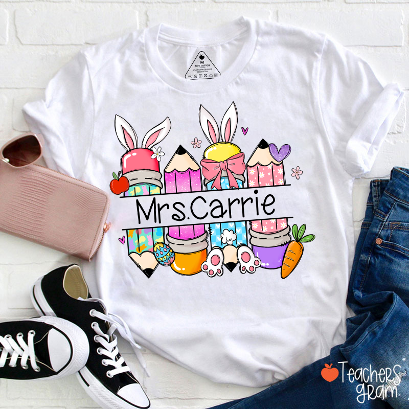 Personalized Name Bunny Pencil Happy Easter Teacher T-Shirt