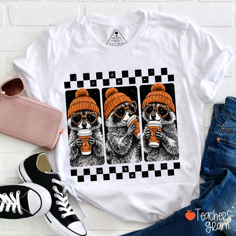 Pumpkin Spice Raccoon Trio Teacher T-Shirt