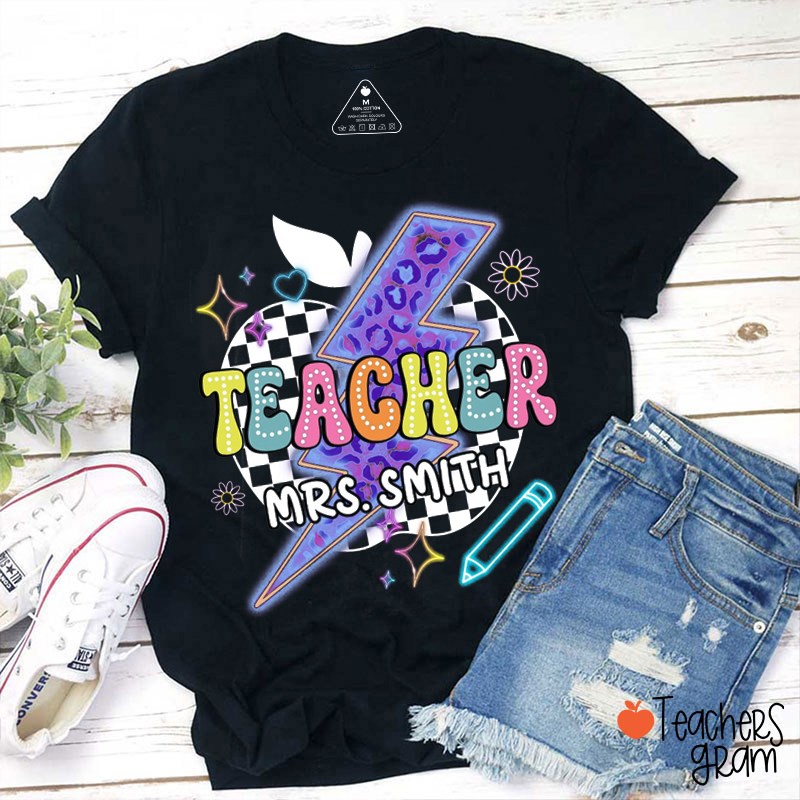 Personalized Name Checkered Apple Leopard Lightning Teacher T-Shirt