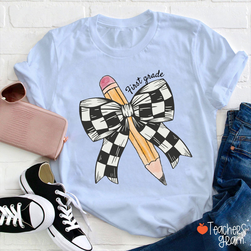 Personalized Grade Checkered Bow Pencil Teacher T-Shirt