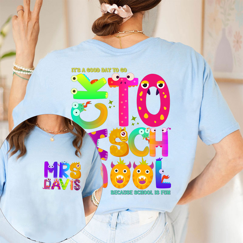 Personalized Name Cute Animal Alphabet Teacher Two Sided T-Shirt